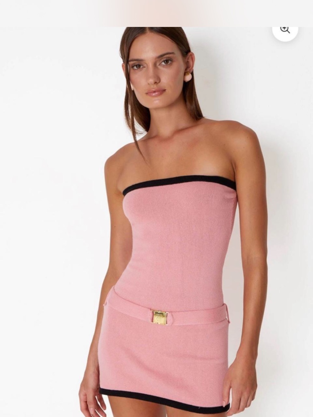 Strapless Pink Knit Mini Dress with Black Trim and Gold Buckle - Picture 1 of 3